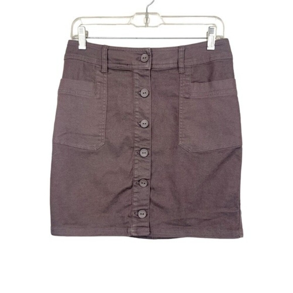 🥑5/$25 Prana Womens Kara Brown Denim Mini Skirt Sz 6 button front pickets